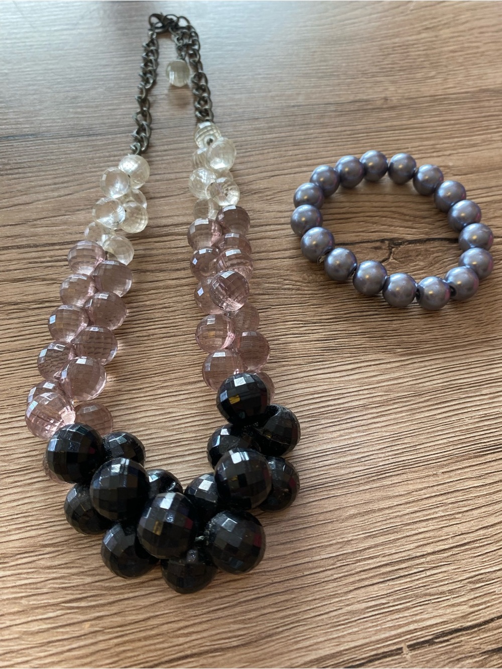 Elegant Pink and Black Faceted Bead Necklace with Matching Gray Bracelet